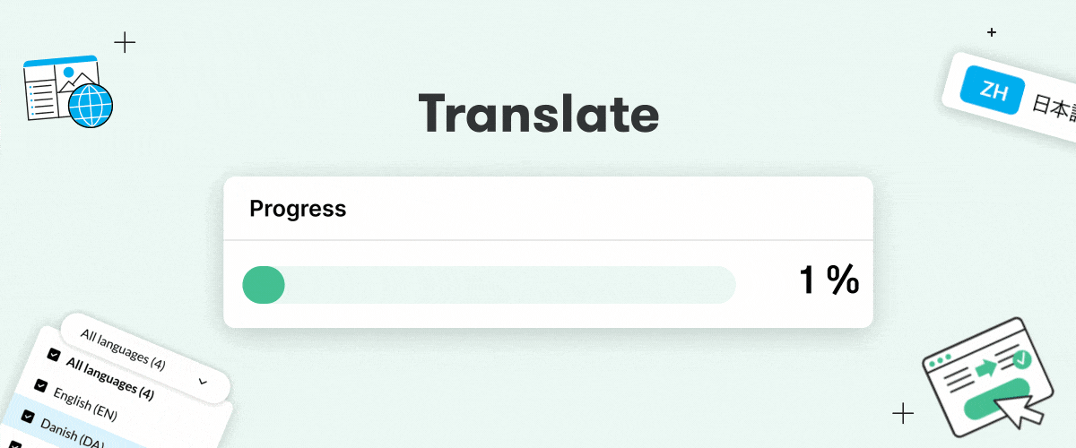 Pasek postępu tłumaczenia rosnący od 0 do 100% z napisem „Translate” nad paskiem oraz ikonami związanymi z językami i tłumaczeniami wokół.