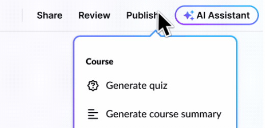 Kursor wskazuje przycisk „AI Assistant” w menu, a poniżej rozwija się lista z opcjami: „Generate quiz” i „Generate course summary”.